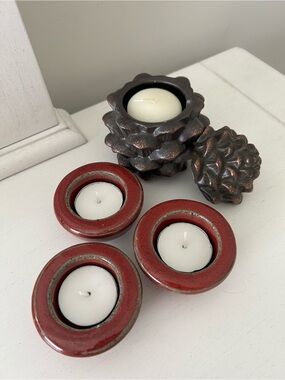 Candle Bundle Set 3 Red Tea Light w/ Pine Cone Candle Holder & 8 Tea light Xtras